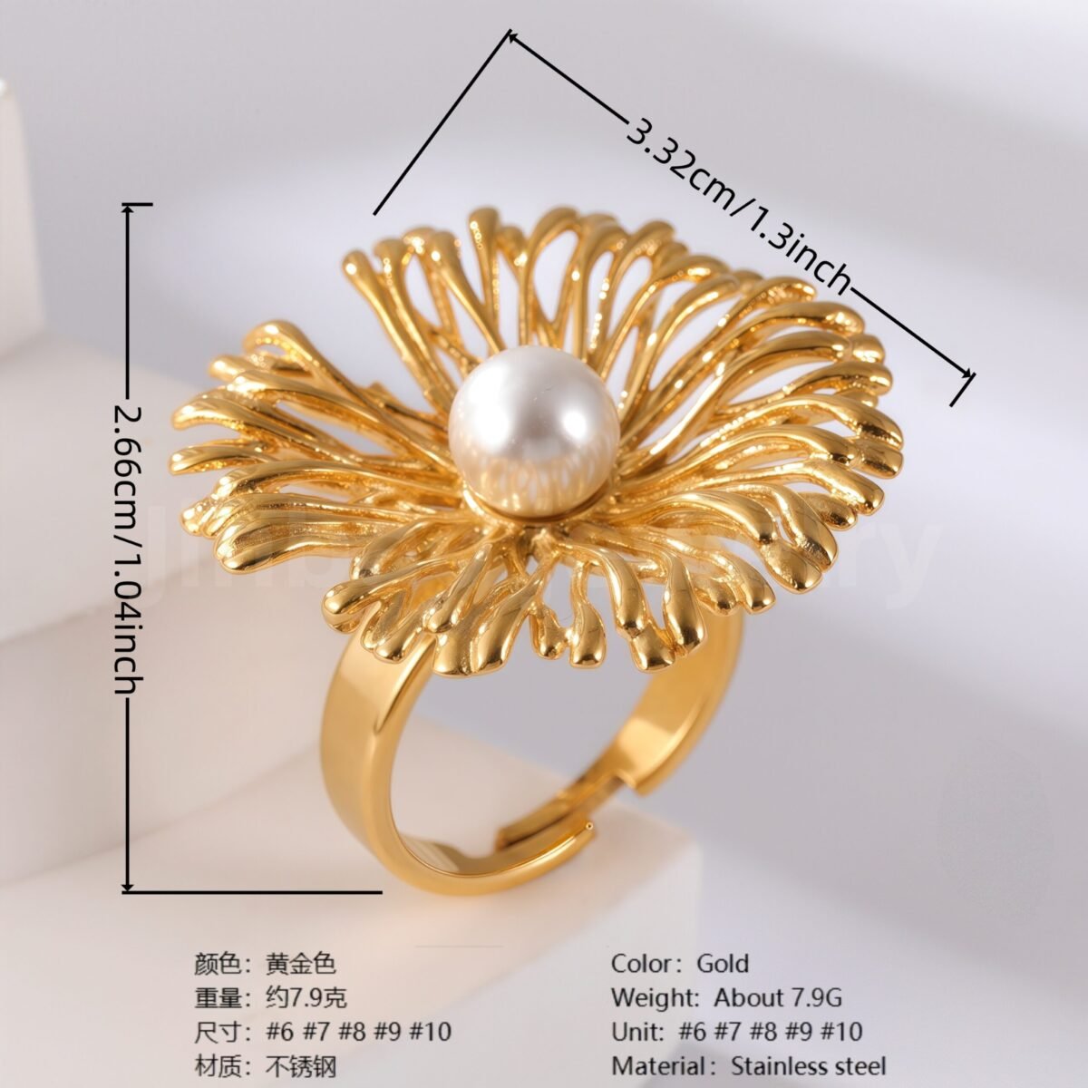 24K Gold-Plating Pearl Flower Stainless Steel Women's Ring - Image 6