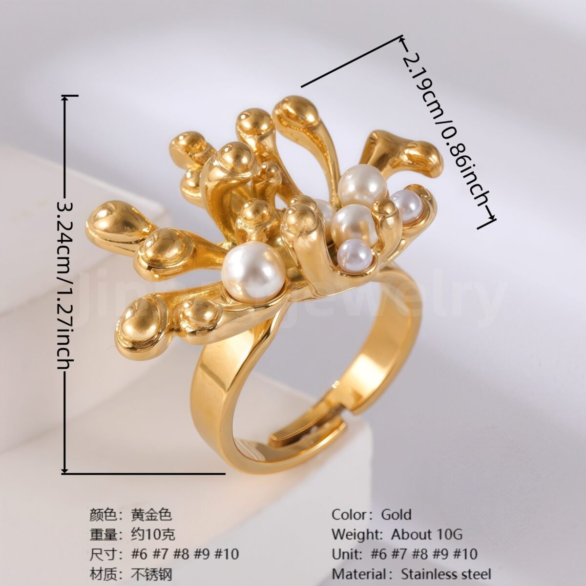 24K Gold-Plating Pearl Flower Stainless Steel Women's Ring - Image 10