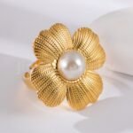 24K Gold-Plating Pearl Flower Stainless Steel Women's Ring - Image 3