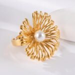 24K Gold-Plating Pearl Flower Stainless Steel Women's Ring - Image 7