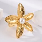 24K Gold-Plating Pearl Flower Stainless Steel Women's Ring - Image 9