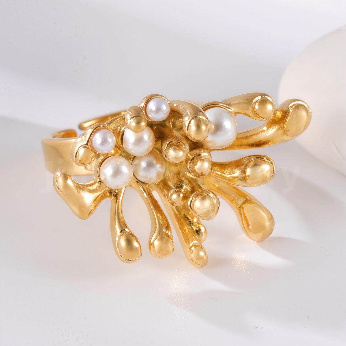 24K Gold-Plating Pearl Flower Stainless Steel Women's Ring - Image 11