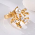 24K Gold-Plating Pearl Flower Stainless Steel Women's Ring - Image 13
