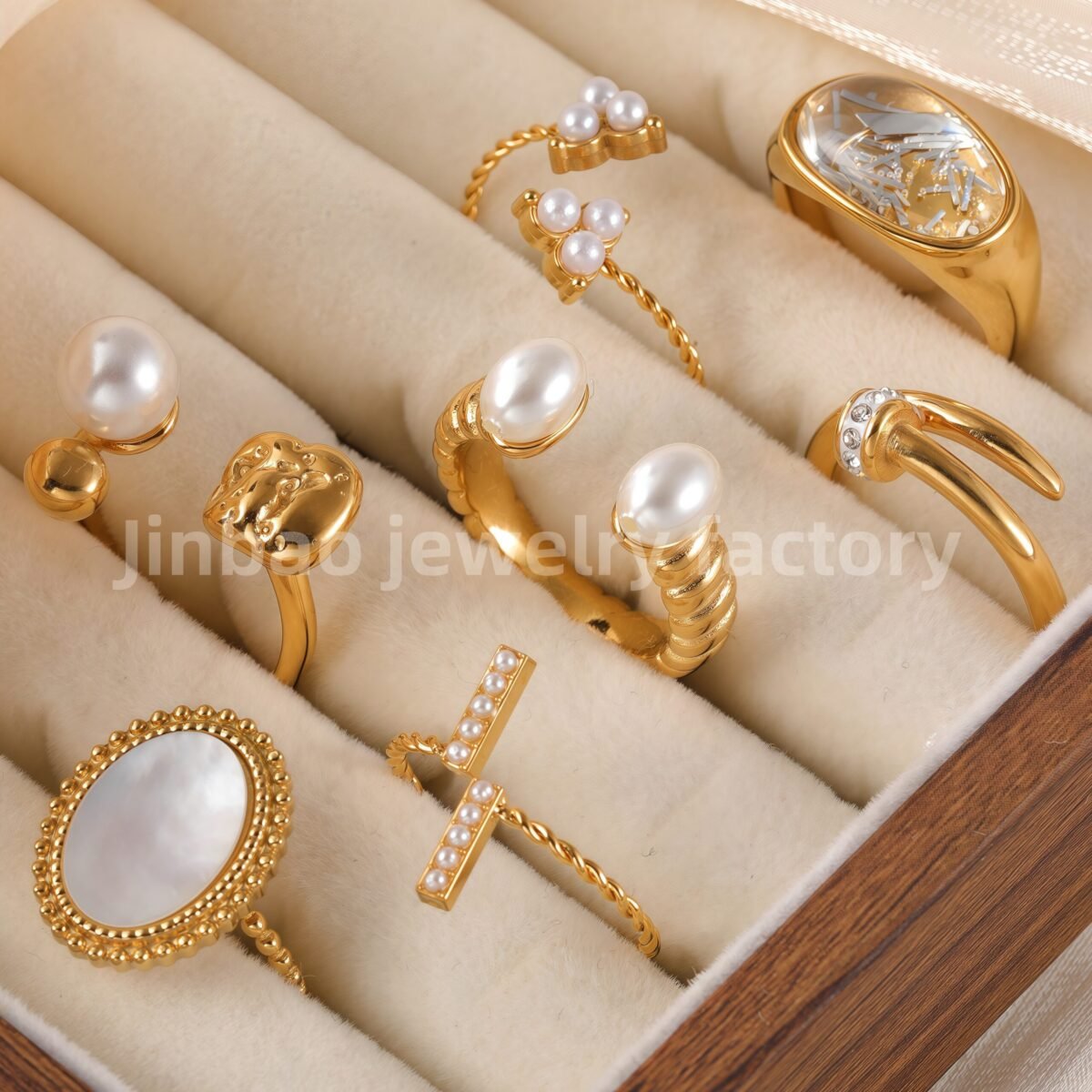24K Gold PVD Stainless Steel Titanium Elegant Pearl Women's Ring - Image 1