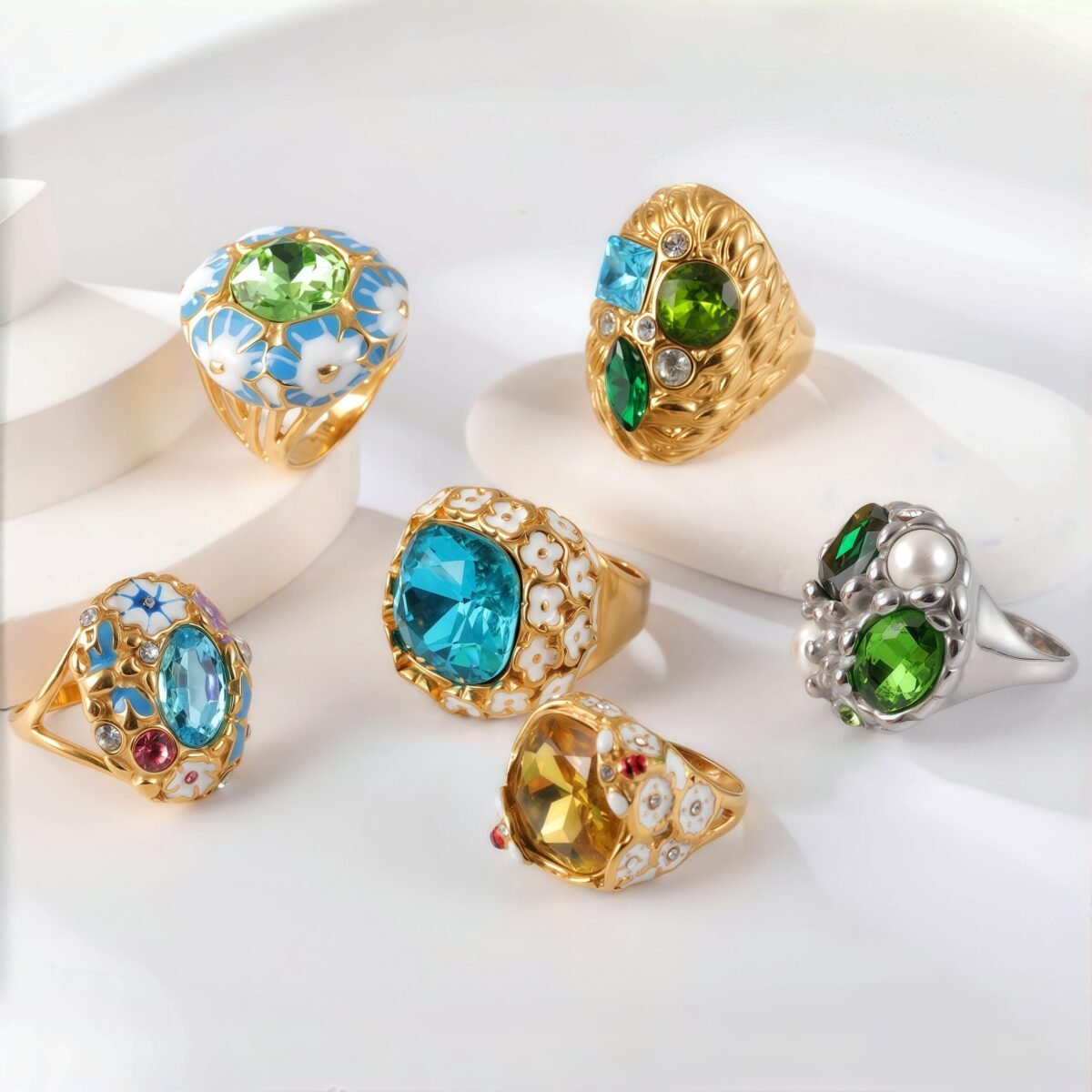 24K Gold PVD Stainless Steel Titanium Gemstone Floral Women's Ring - Image 2