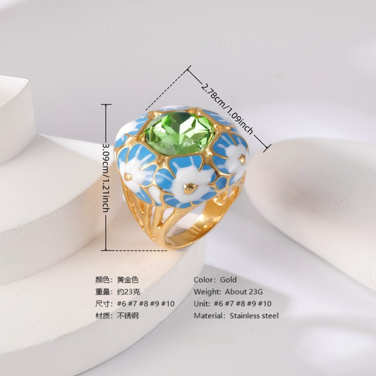 24K Gold PVD Stainless Steel Titanium Gemstone Floral Women's Ring - Image 5