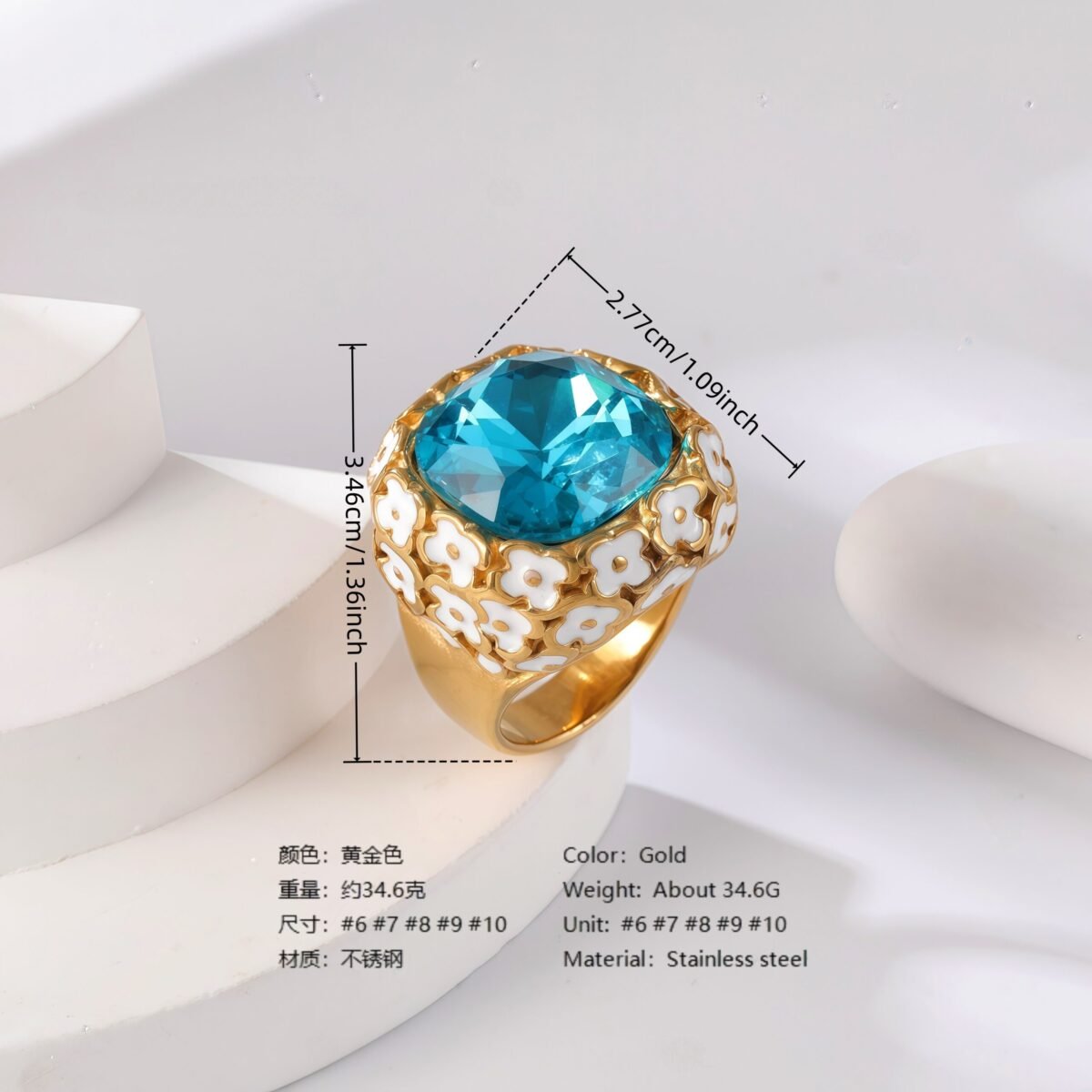 24K Gold PVD Stainless Steel Titanium Gemstone Floral Women's Ring - Image 7