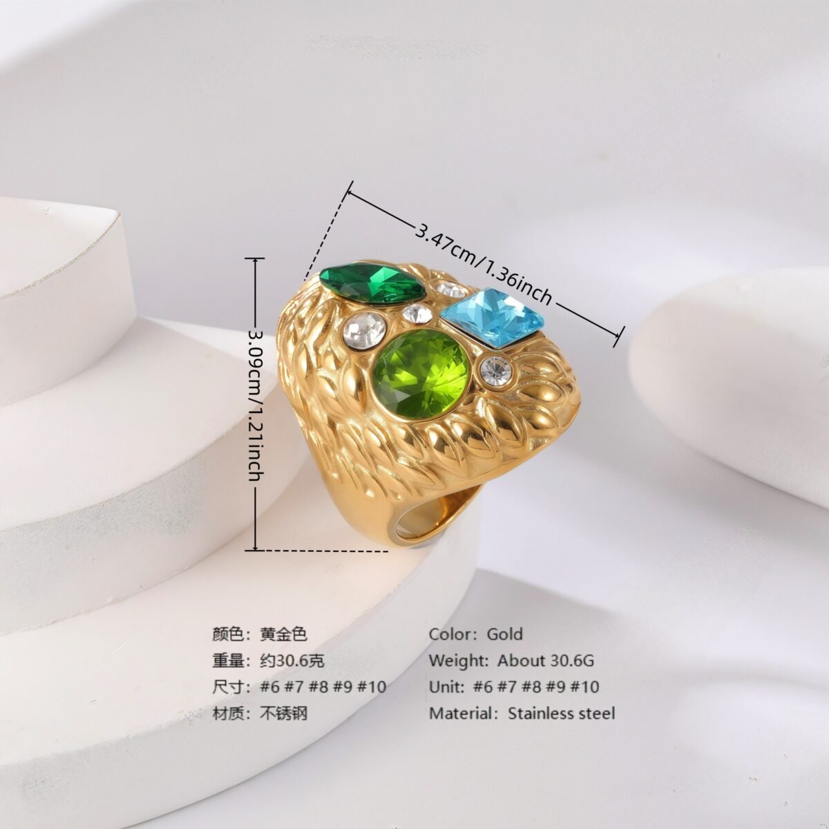 24K Gold PVD Stainless Steel Titanium Gemstone Floral Women's Ring - Image 3