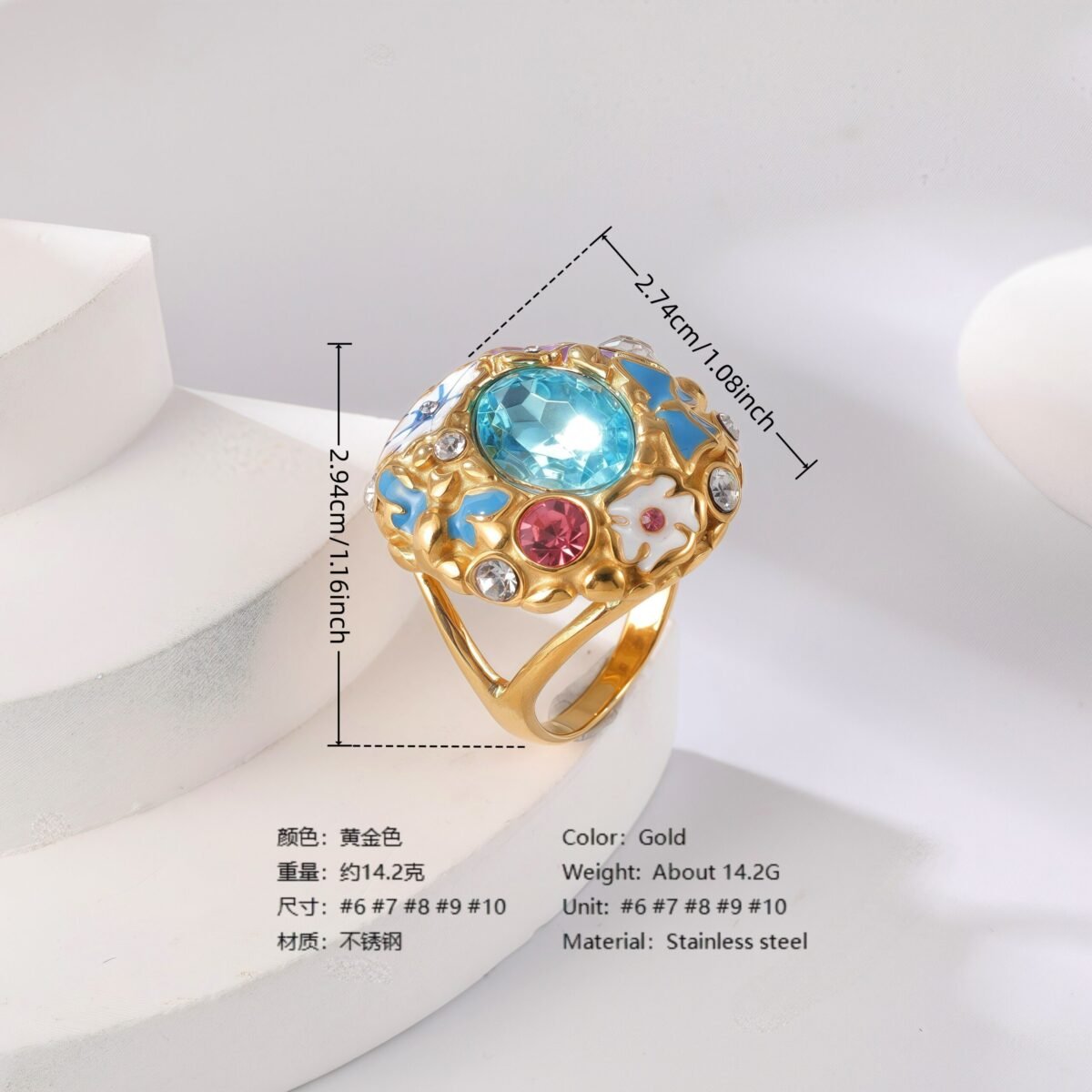 24K Gold PVD Stainless Steel Titanium Gemstone Floral Women's Ring - Image 4