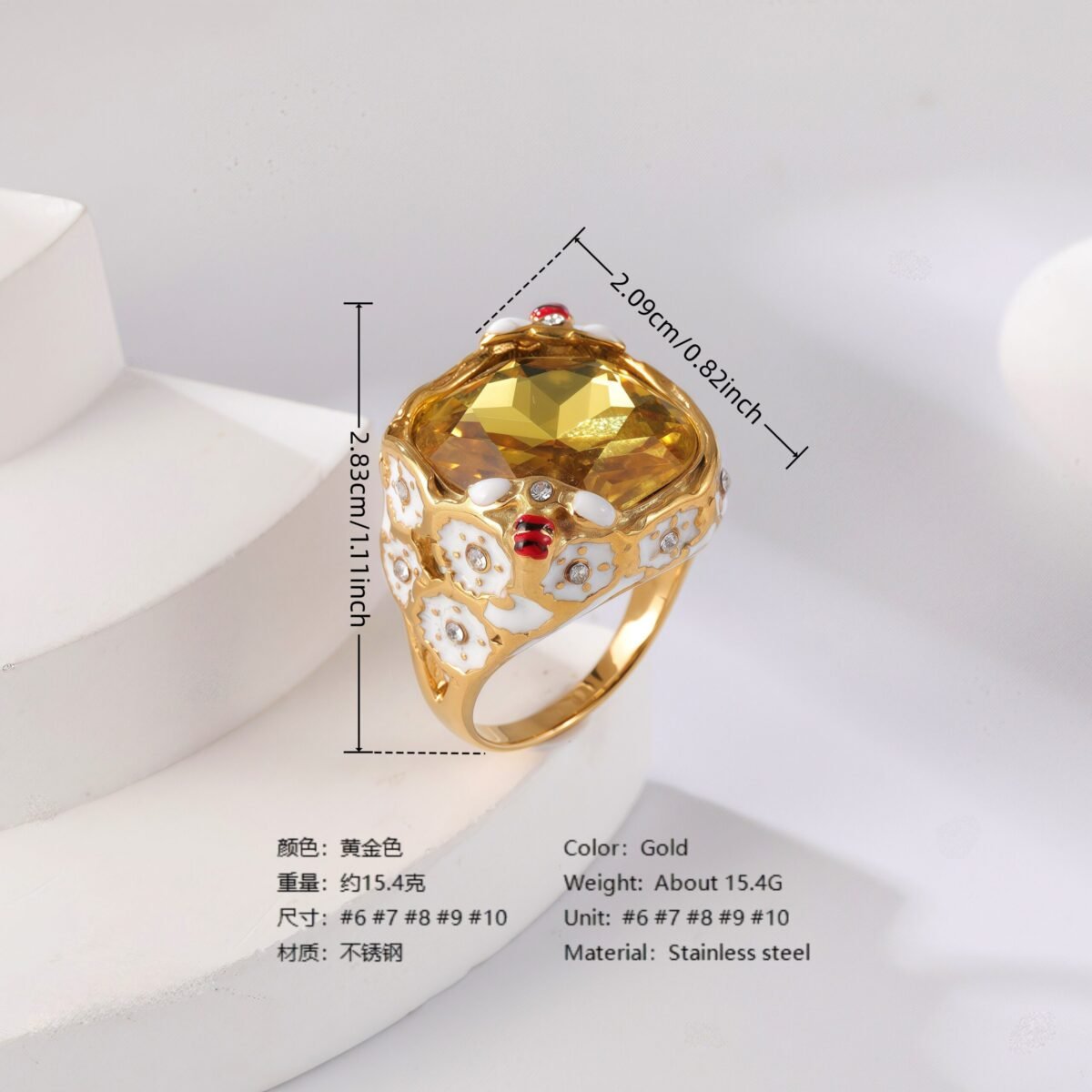 24K Gold PVD Stainless Steel Titanium Gemstone Floral Women's Ring - Image 6