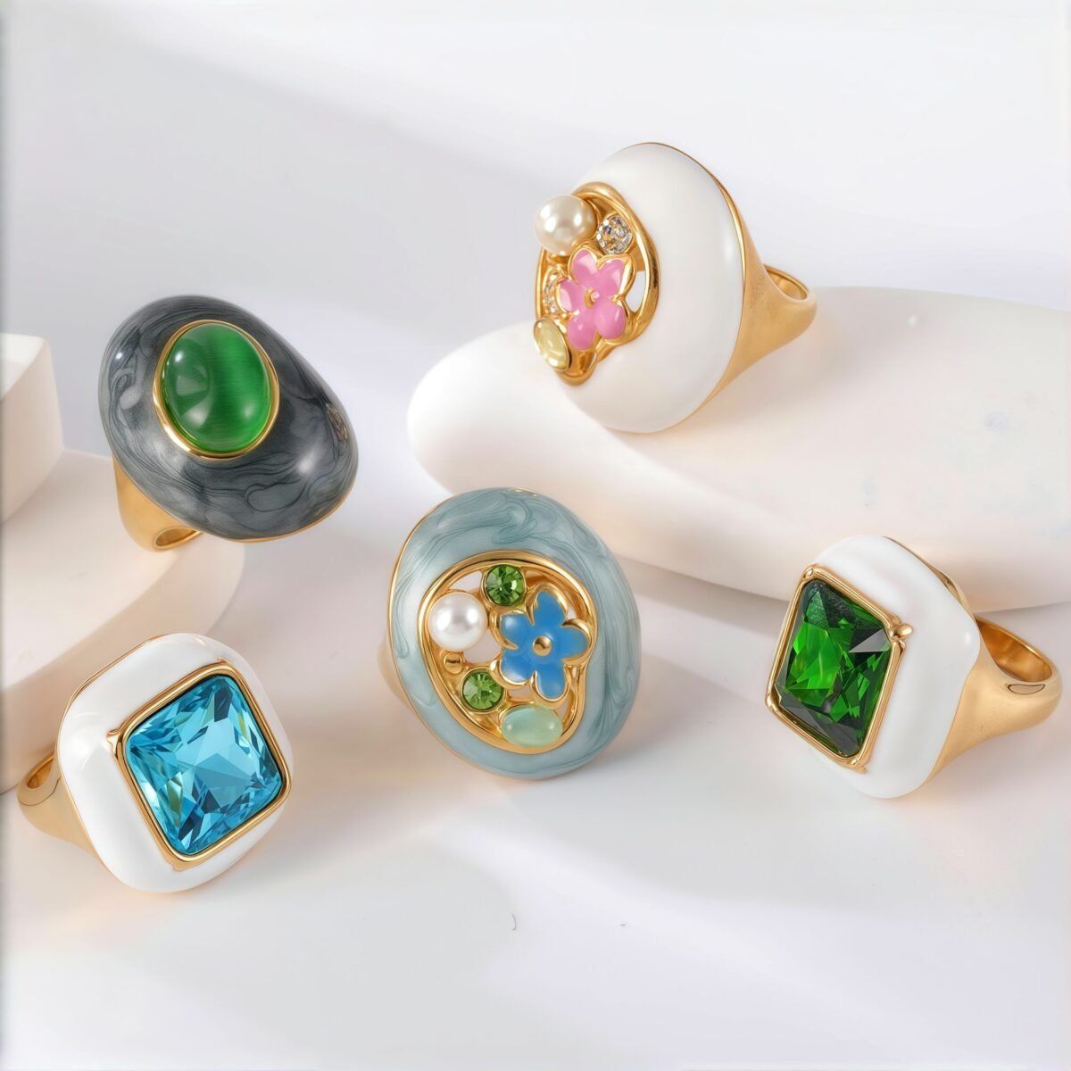 24K Gold PVD Stainless Steel Titanium Flower & Pearl Women's Ring - Image 2