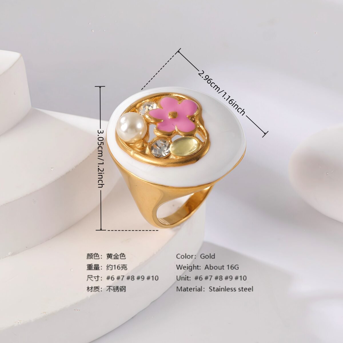 24K Gold PVD Stainless Steel Titanium Flower & Pearl Women's Ring - Image 4