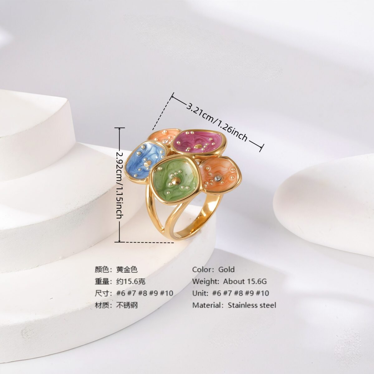 24K Gold PVD Stainless Steel Titanium Colorful Flower Women's Ring - Image 3