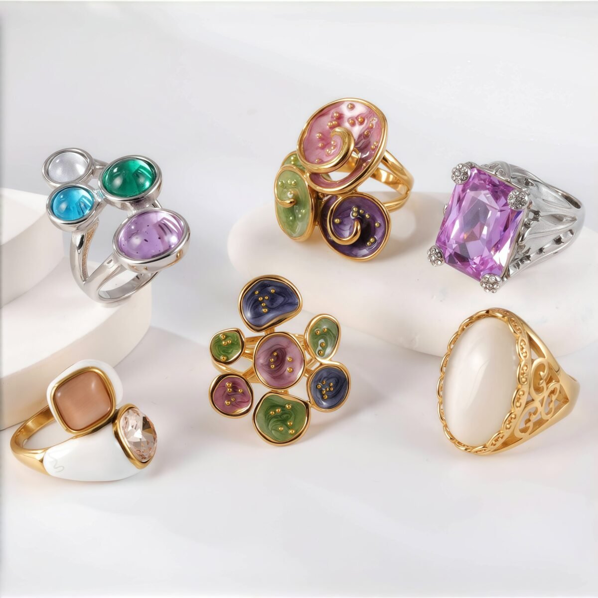 24K Gold PVD Stainless Steel Titanium Elegant Multi-Color Gemstone Women's Ring - Image 2