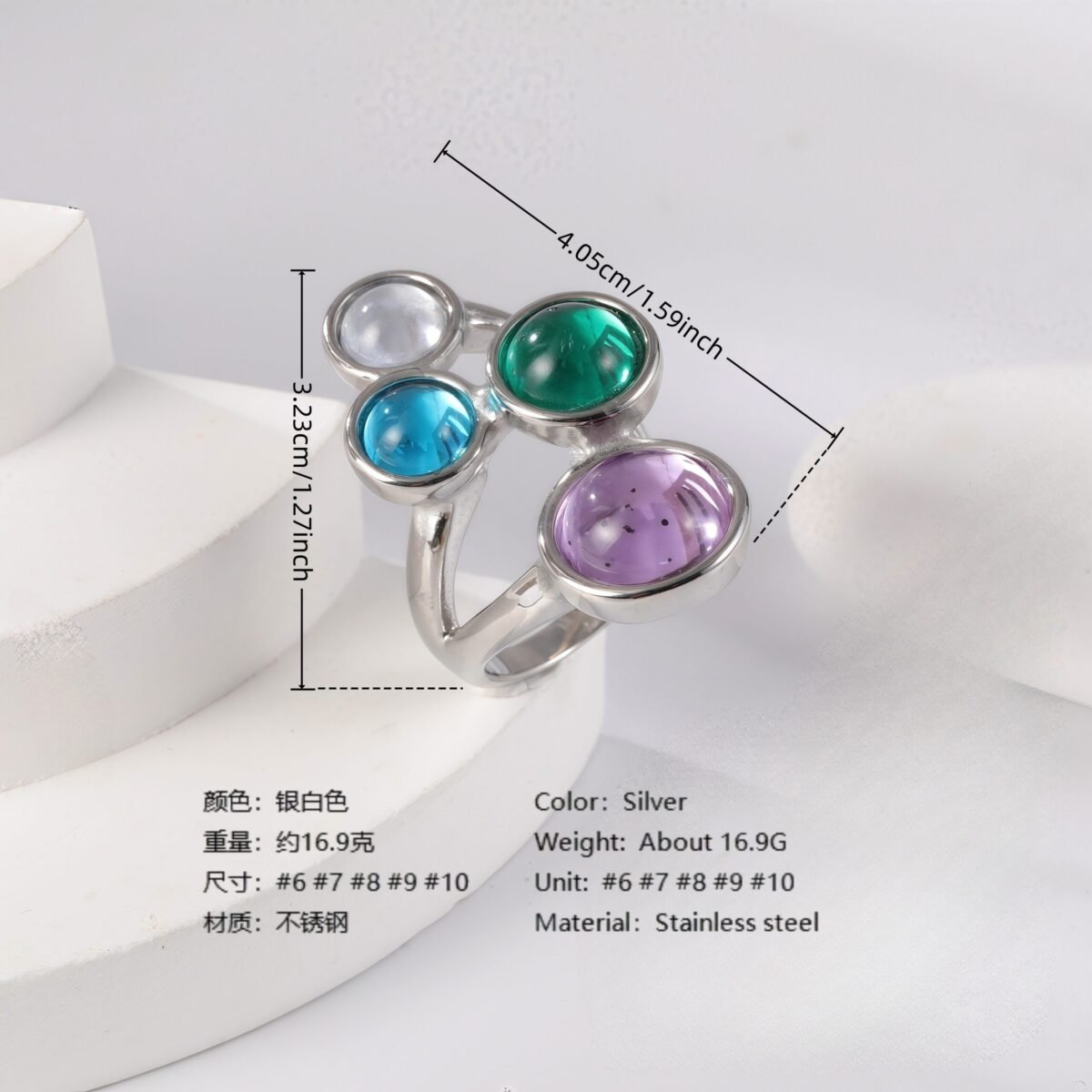 24K Gold PVD Stainless Steel Titanium Elegant Multi-Color Gemstone Women's Ring - Image 7