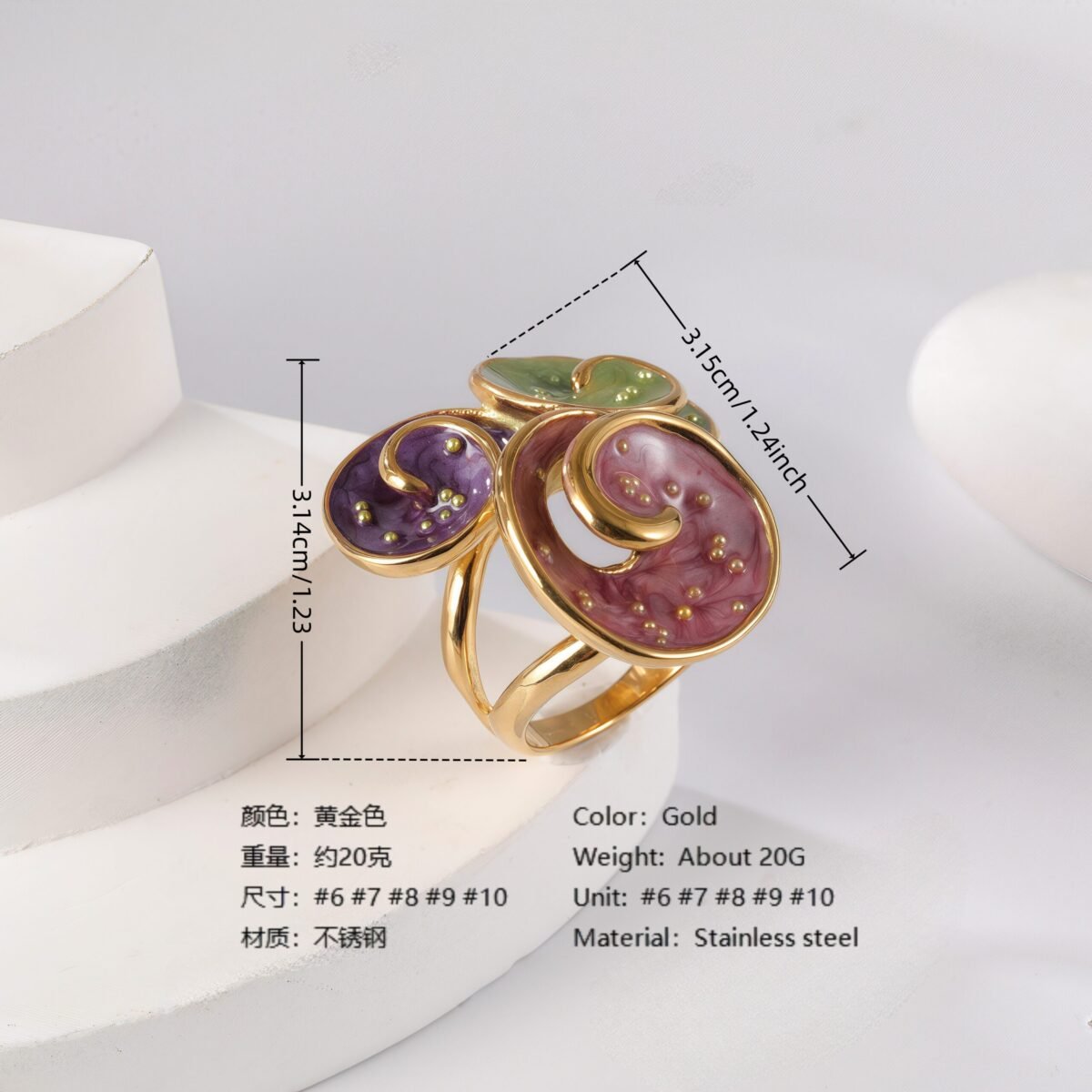 24K Gold PVD Stainless Steel Titanium Elegant Multi-Color Gemstone Women's Ring - Image 6