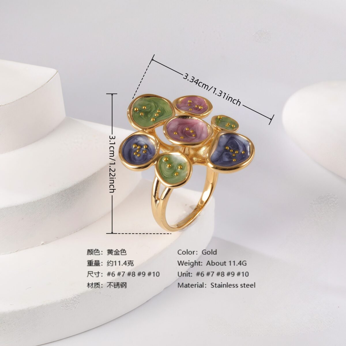 24K Gold PVD Stainless Steel Titanium Elegant Multi-Color Gemstone Women's Ring - Image 5