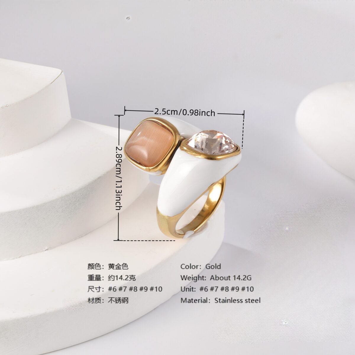 24K Gold PVD Stainless Steel Titanium Elegant Multi-Color Gemstone Women's Ring - Image 4
