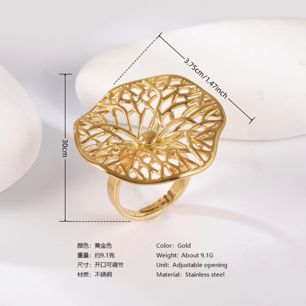 24K Gold PVD Stainless Steel Titanium Floral Pearl Adjustable Women's Ring - Image 5