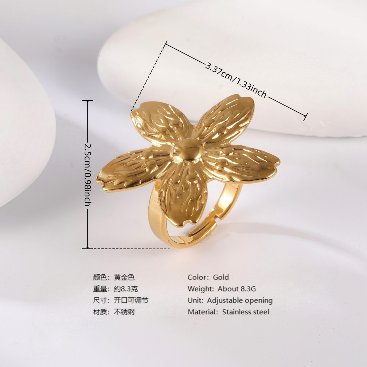 24K Gold PVD Stainless Steel Titanium Floral Pearl Adjustable Women's Ring - Image 4