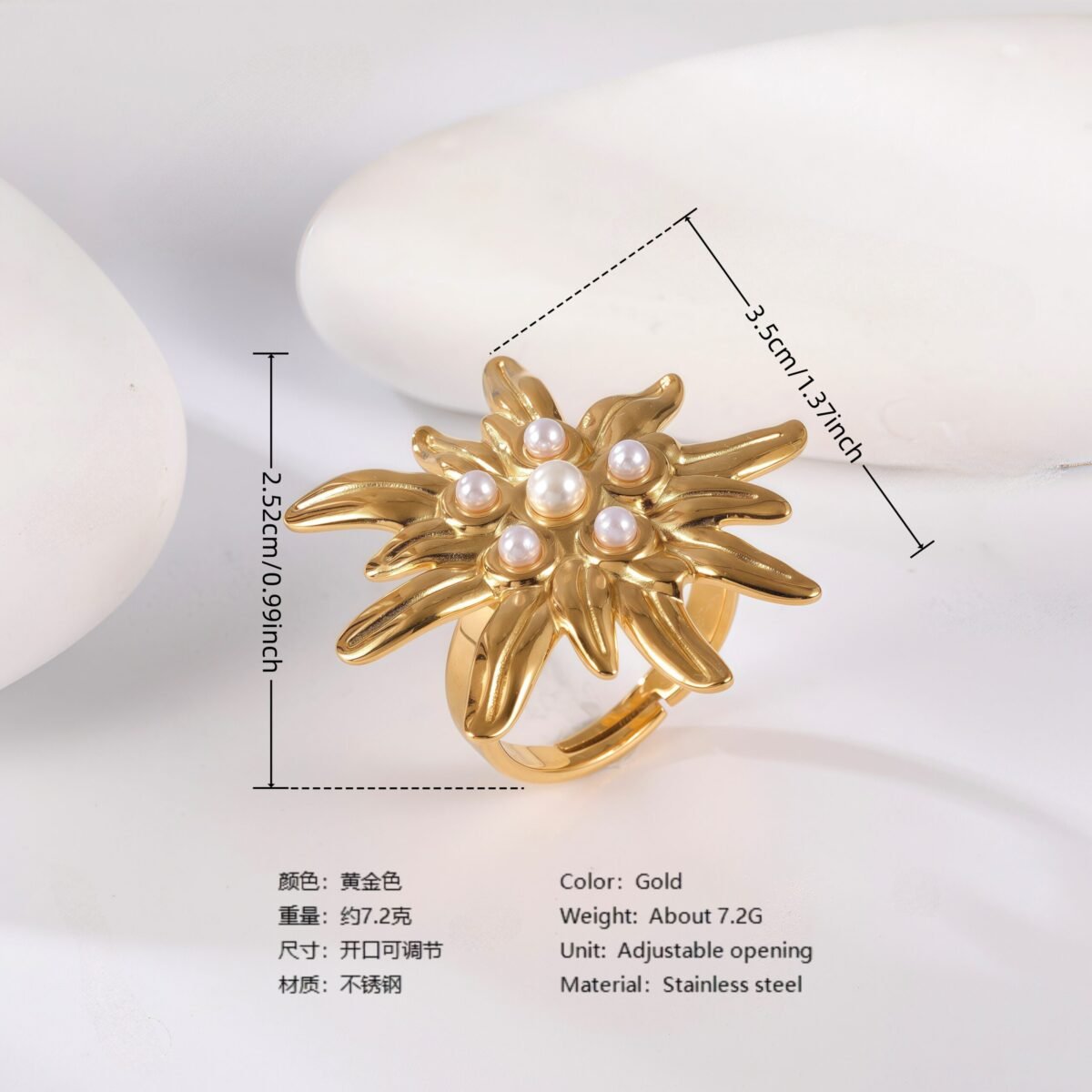 24K Gold PVD Stainless Steel Titanium Floral Pearl Adjustable Women's Ring - Image 2