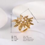 24K Gold PVD Stainless Steel Titanium Floral Pearl Adjustable Women's Ring - Image 2