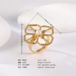 24K Gold PVD Stainless Steel Titanium Floral Pearl Adjustable Women's Ring - Image 3