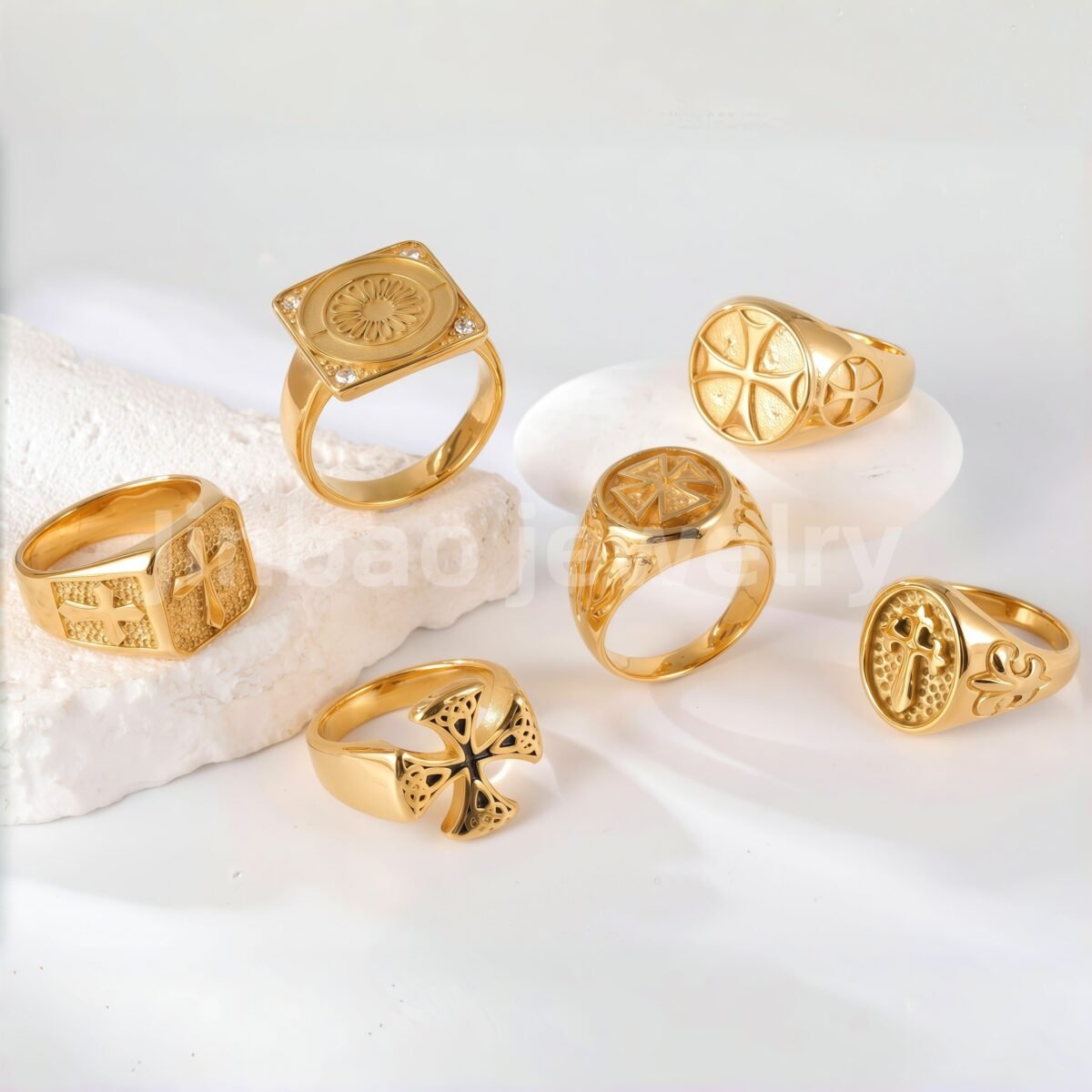 24K Gold PVD Stainless Steel Titanium Cross Pattern Men's Ring - Image 2