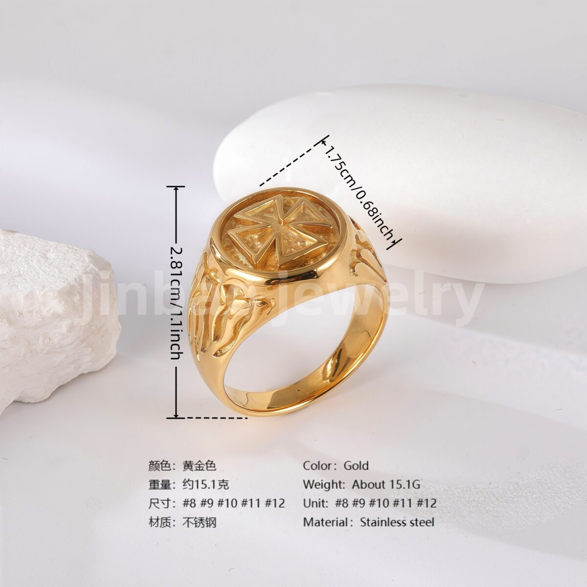 24K Gold PVD Stainless Steel Titanium Cross Pattern Men's Ring - Image 7