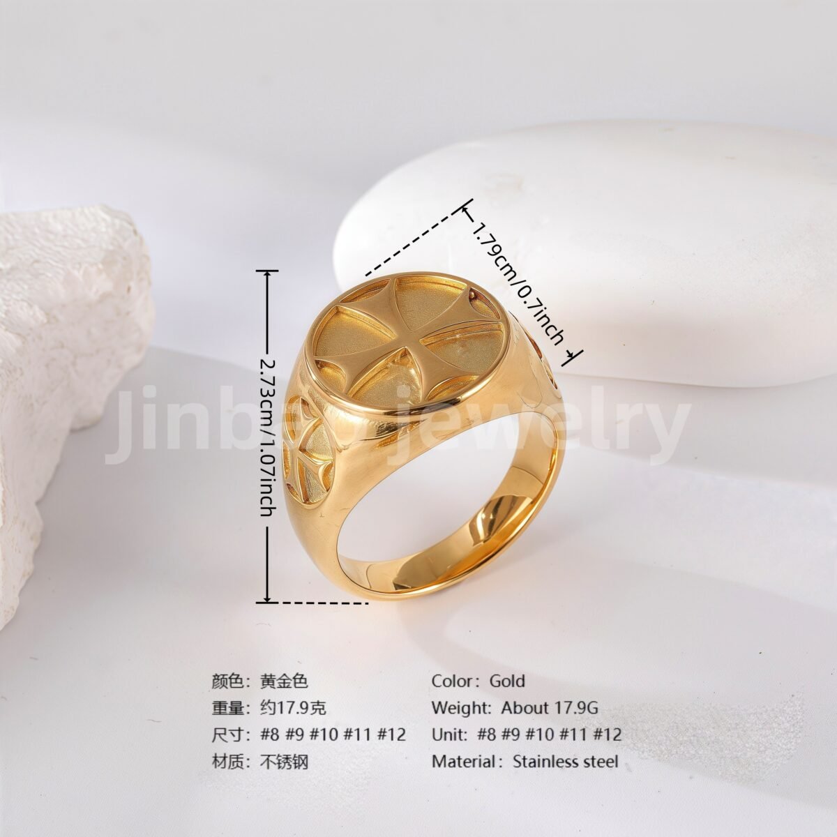 24K Gold PVD Stainless Steel Titanium Cross Pattern Men's Ring - Image 3