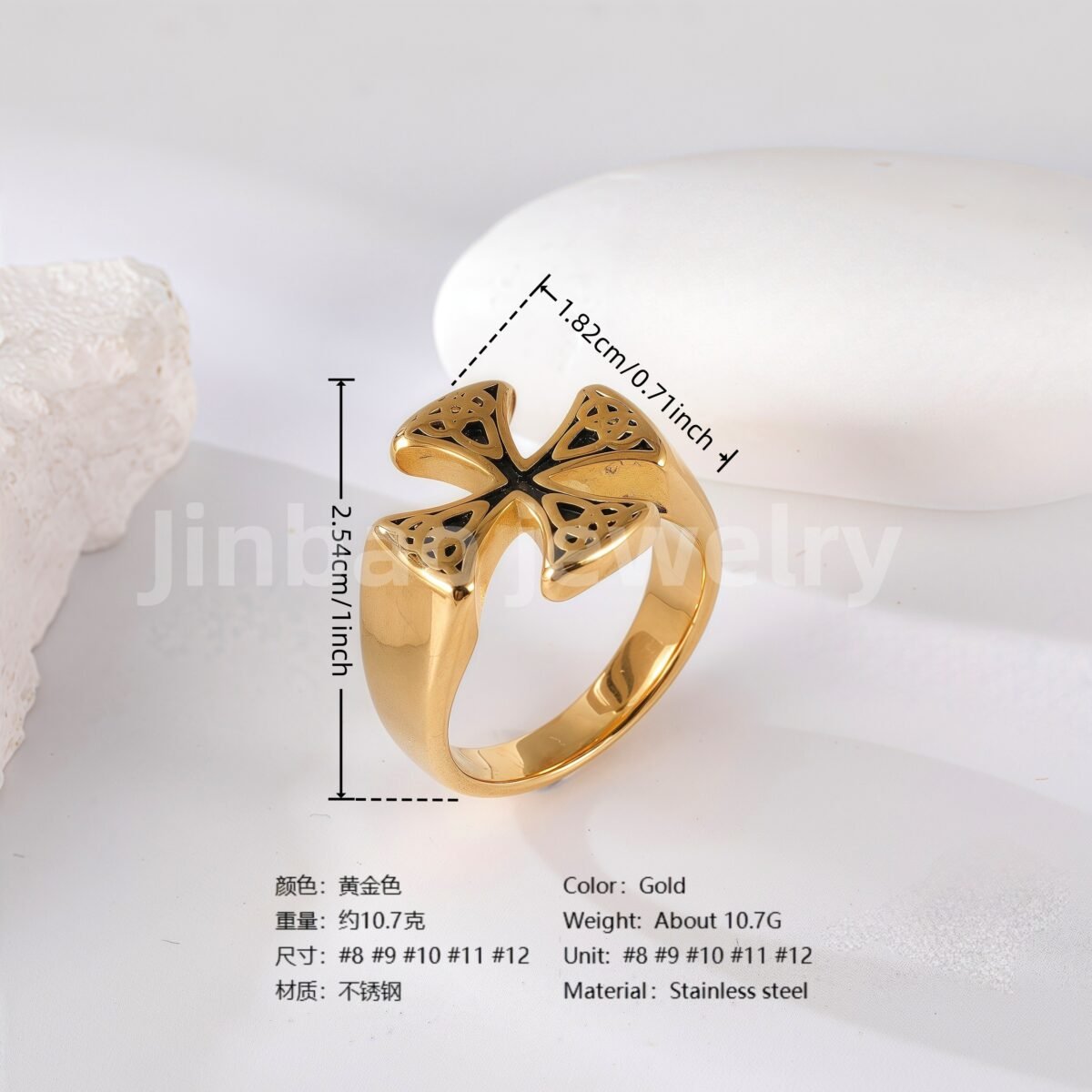 24K Gold PVD Stainless Steel Titanium Cross Pattern Men's Ring - Image 13