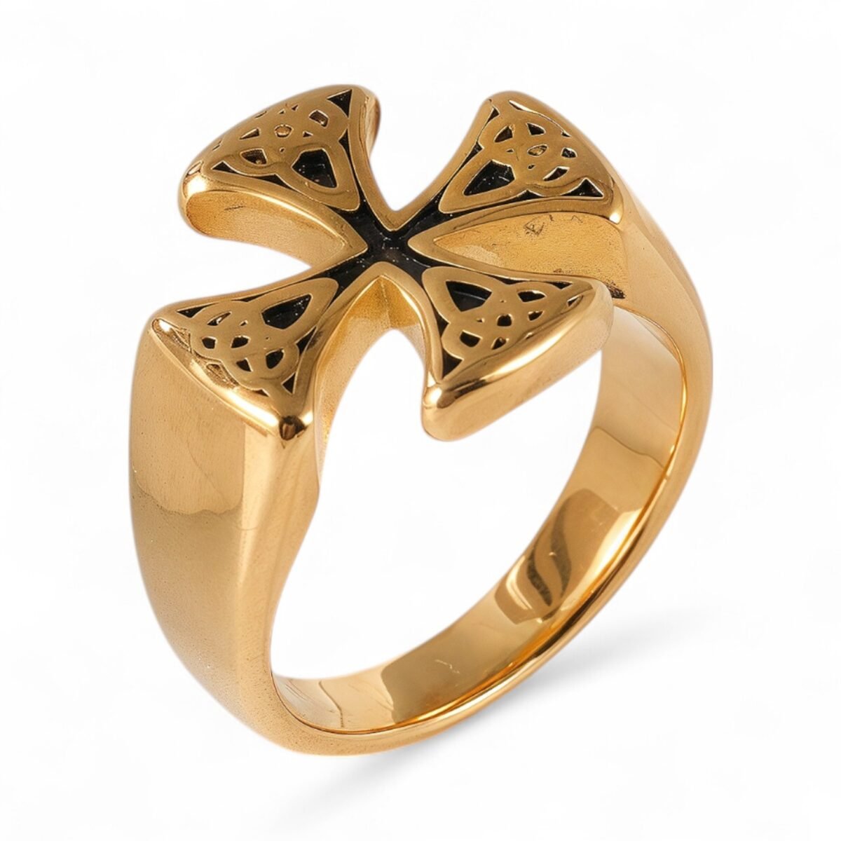 24K Gold PVD Stainless Steel Titanium Cross Pattern Men's Ring - Image 14