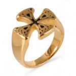 24K Gold PVD Stainless Steel Titanium Cross Pattern Men's Ring - Image 14