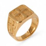 24K Gold PVD Stainless Steel Titanium Cross Pattern Men's Ring - Image 10