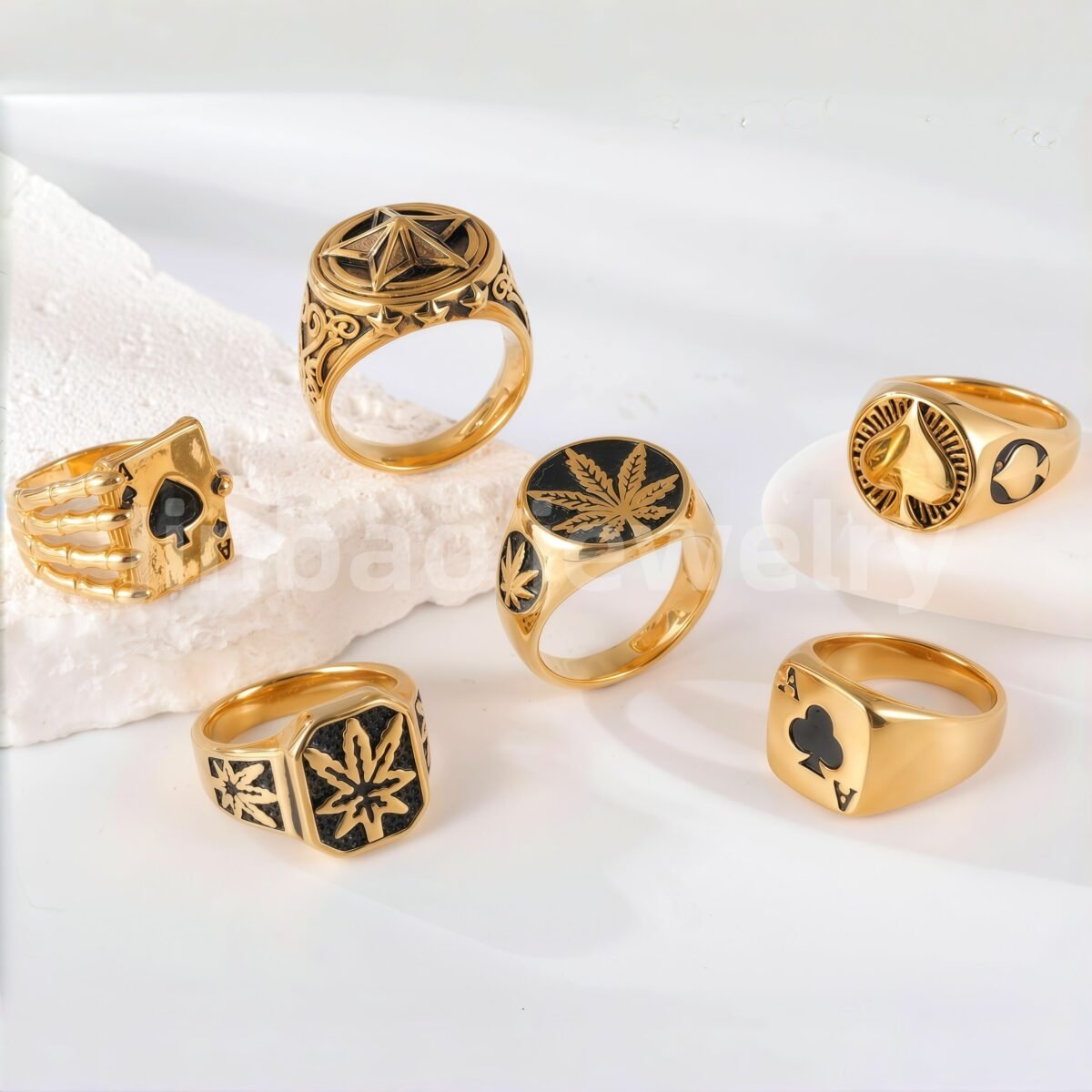 24K Gold PVD Stainless Steel Titanium Leaf & Spade Symbol Men's Ring - Image 1