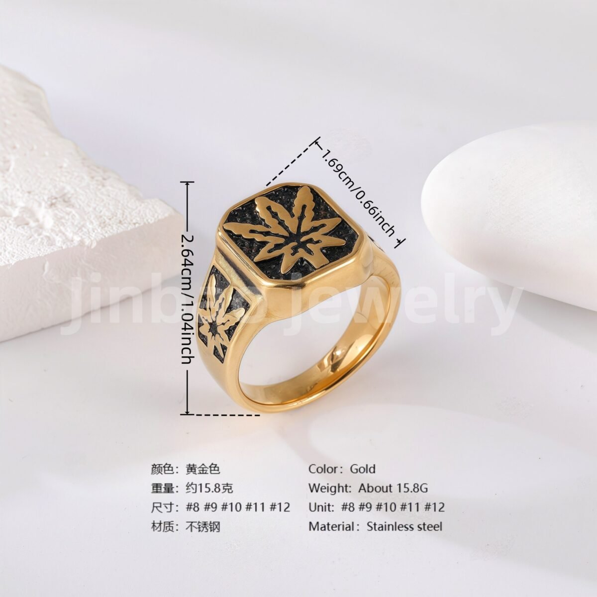 24K Gold PVD Stainless Steel Titanium Leaf & Spade Symbol Men's Ring - Image 5