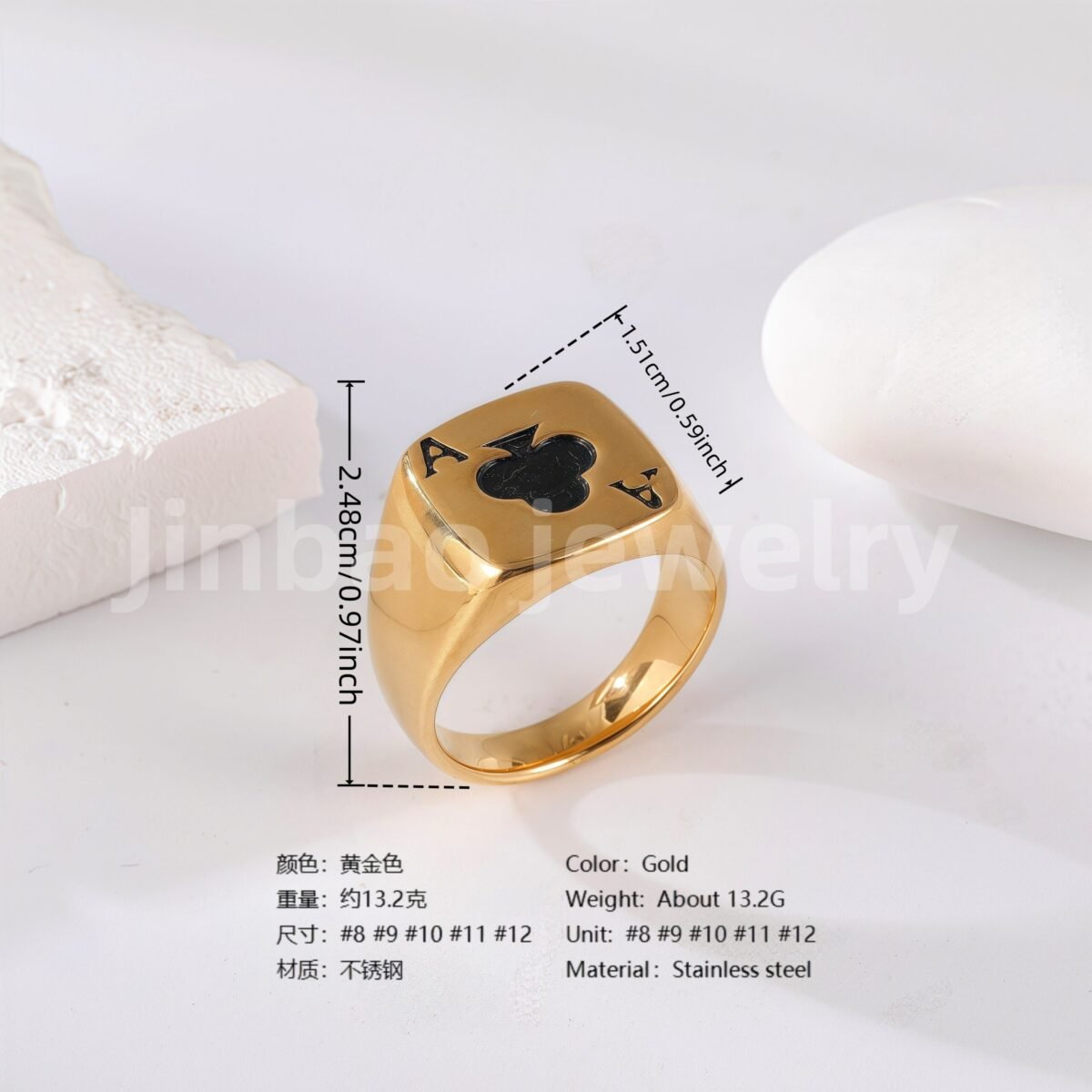 24K Gold PVD Stainless Steel Titanium Leaf & Spade Symbol Men's Ring - Image 7