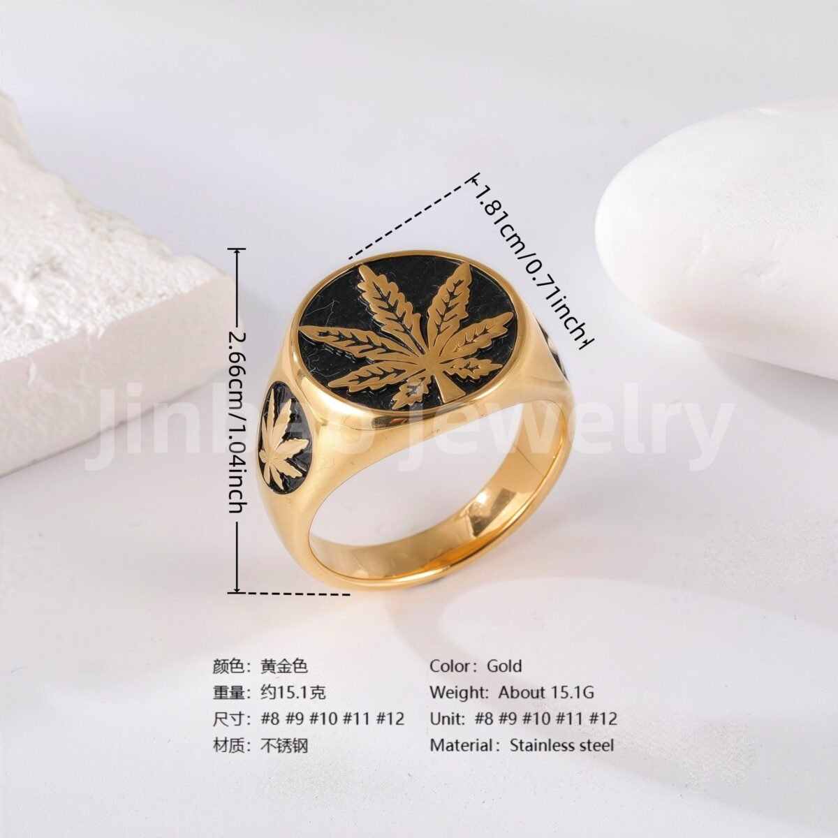 24K Gold PVD Stainless Steel Titanium Leaf & Spade Symbol Men's Ring - Image 4