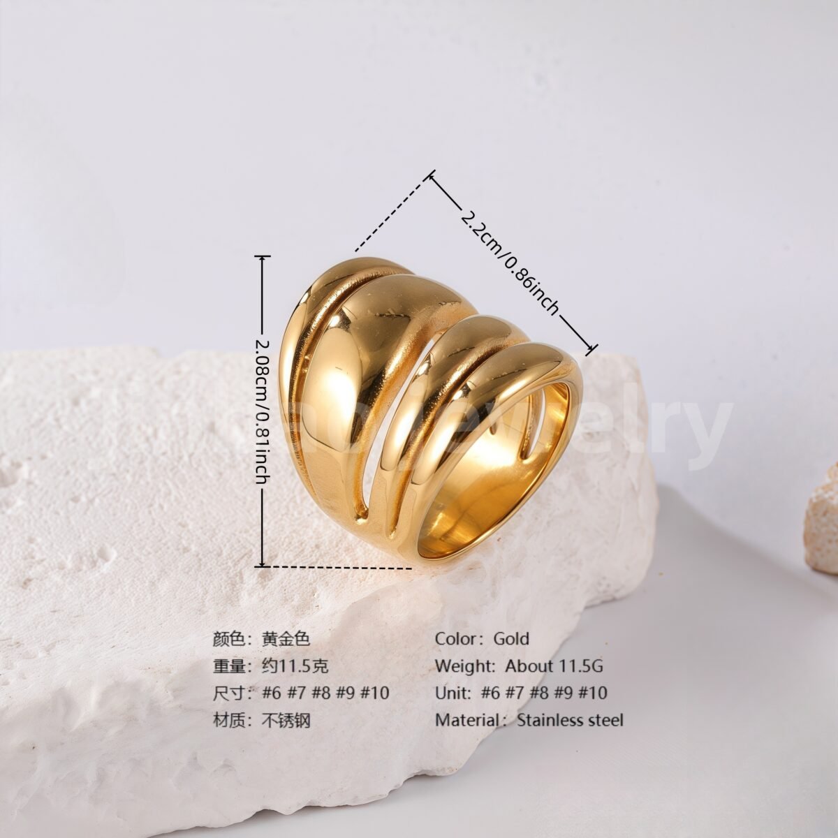 24K Gold PVD Stainless Steel Titanium Bold Contemporary Women's Ring - Image 6