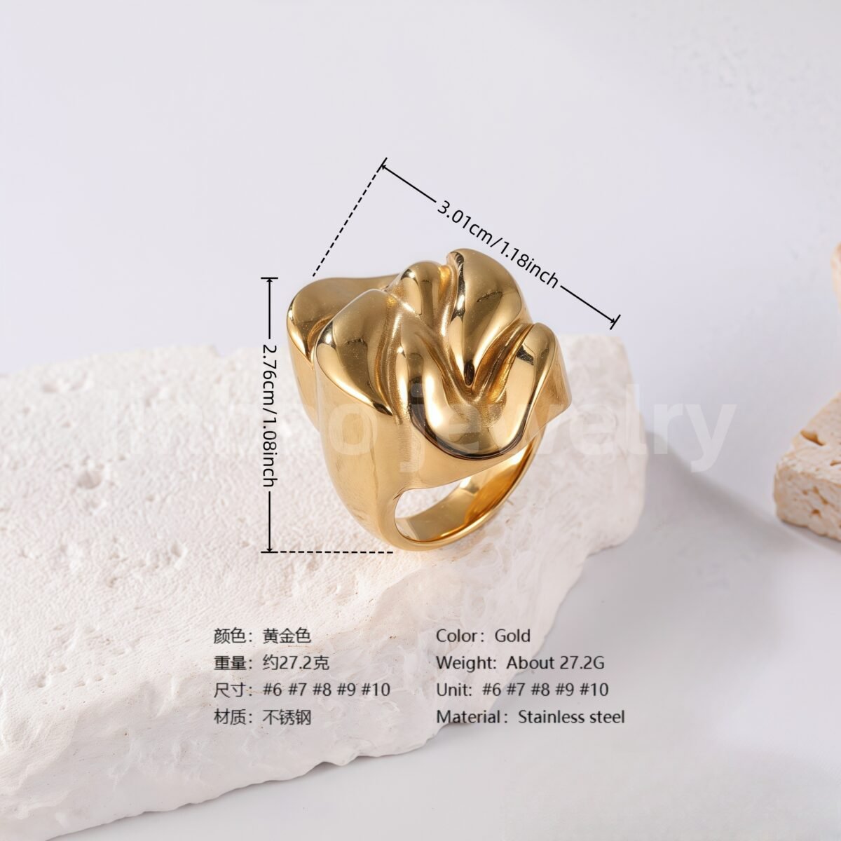 24K Gold PVD Stainless Steel Titanium Bold Contemporary Women's Ring - Image 7