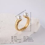 24K Gold PVD Stainless Steel Titanium Bead and Pearl Harmony Women's Ring - Image 2