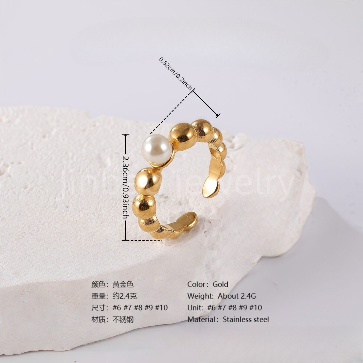 24K Gold PVD Stainless Steel Titanium Bead and Pearl Harmony Women's Ring - Image 4