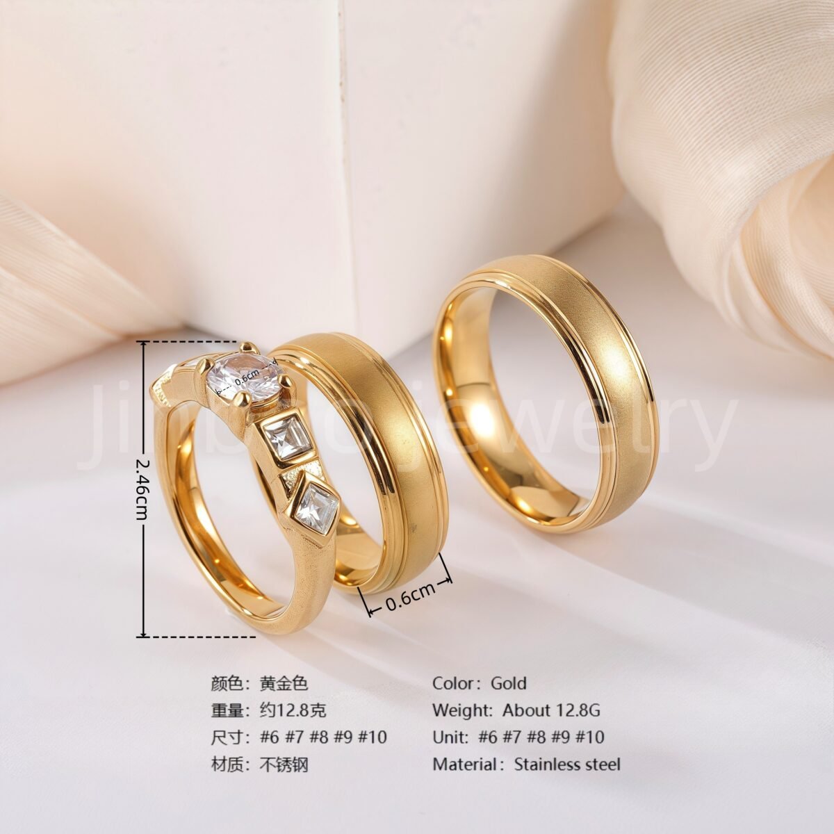 3 pc His & Her Eternal Sparkle Wedding Ring Set Hypoallergenic 24k Gold, Cubic Zirconia, Size 6-10 - Image 6