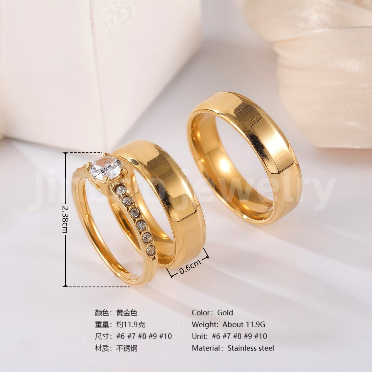 24k Gold-Plating 3 pc His & Her Wedding Ring Set Hypoallergenic, Cubic Zirconia Ring - Image 6
