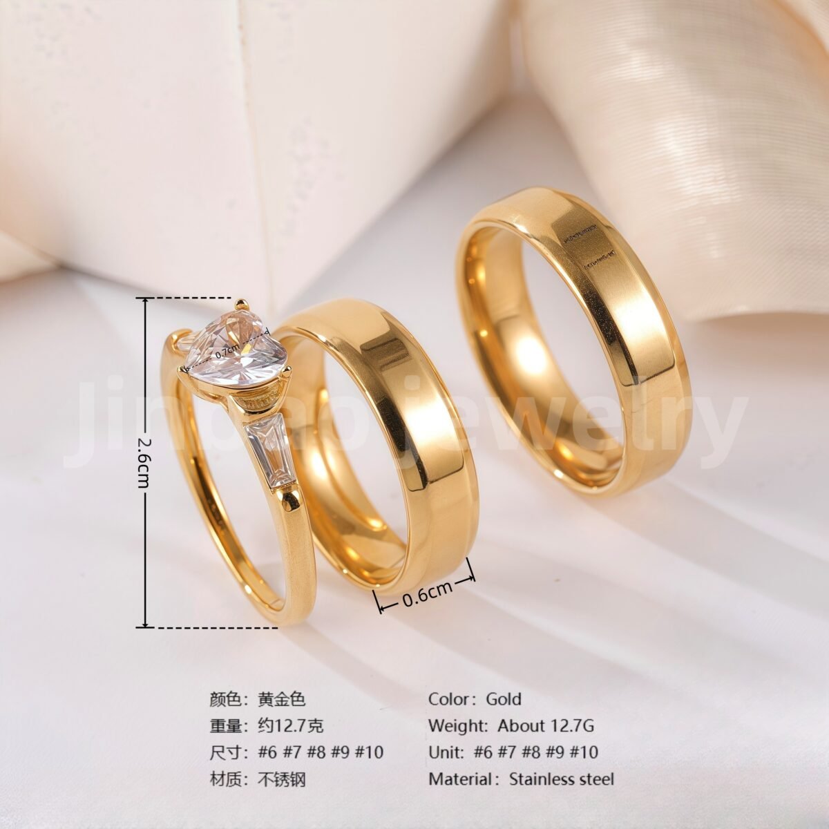 24k Gold-Plating 3 pc His & Her Wedding Ring Set Hypoallergenic, Cubic Zirconia Ring - Image 7