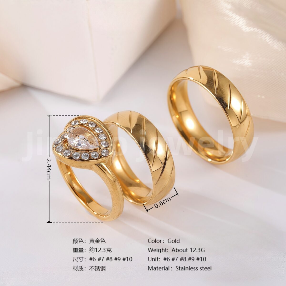 24k Gold-Plating 3 pc His & Her Wedding Ring Set Hypoallergenic, Cubic Zirconia Ring - Image 3