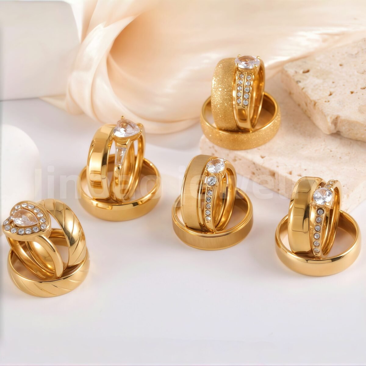 24k Gold-Plating 3 pc His & Her Wedding Ring Set Hypoallergenic, Cubic Zirconia Ring - Image 1