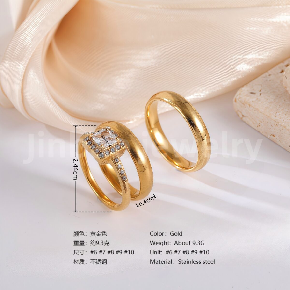 3 pc His & Her Gleaming Elegance Wedding Ring Set Hypoallergenic 24k Gold, Cubic Zirconia, Size 6-10 - Image 6