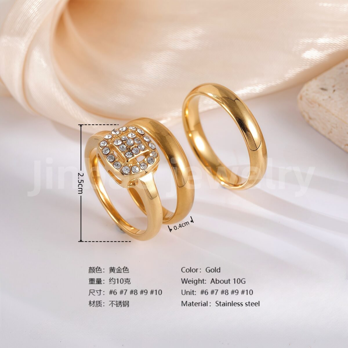 3 pc His & Her Gleaming Elegance Wedding Ring Set Hypoallergenic 24k Gold, Cubic Zirconia, Size 6-10 - Image 3
