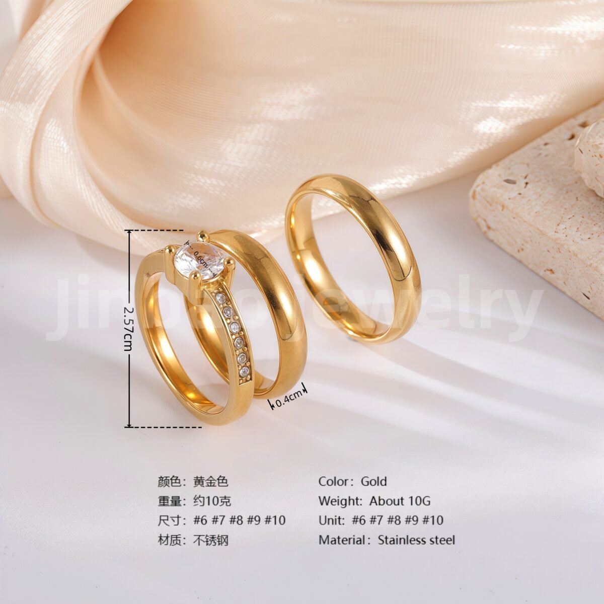 3 pc His & Her Crystal Glow Wedding Ring Set Hypoallergenic 24k Gold, Cubic Zirconia, Size 6-10 - Image 3